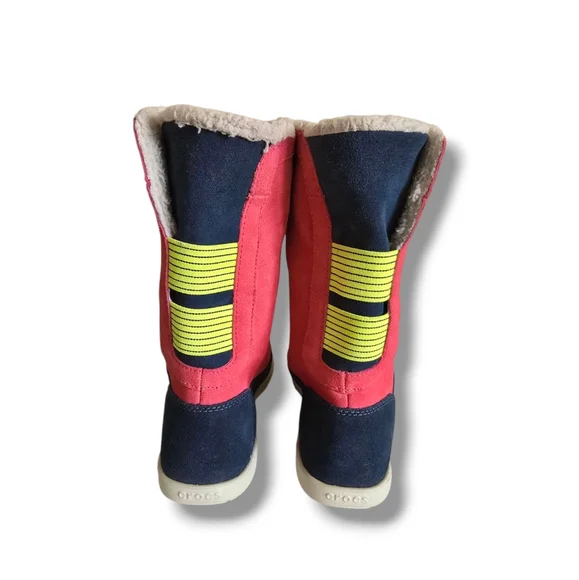 CROCS Women's Adela Foldover Fuzz Suede Booties Pink Poppy/Yellow Stucco/Navy - Picture 5 of 16